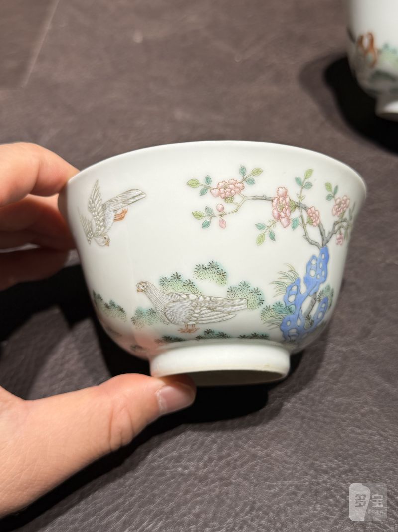 清道光 “宝善斋制”款粉鸟花鸟茶盅一对 - 图7